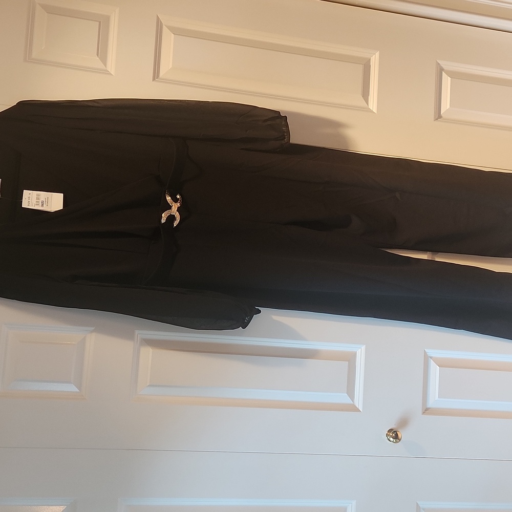 Full Lenght Black With Sheer Sleeve Gold Buckle Belted Accent Jumpsuit